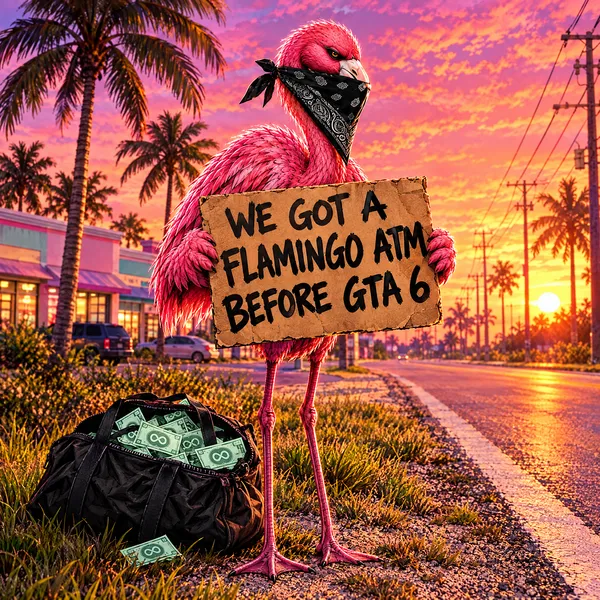 The flamingo on a roadside at sunset holding a cardboard sign reading: we got a flamingo ATM before GTA 6.