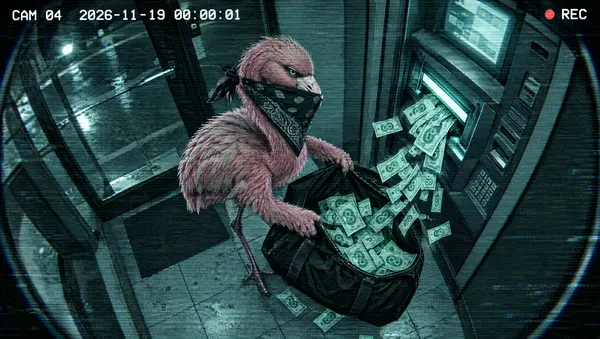 Grainy security camera still of the flamingo filling a duffel bag at the ATM, timestamped November 19, 2026 at 00:00:01.