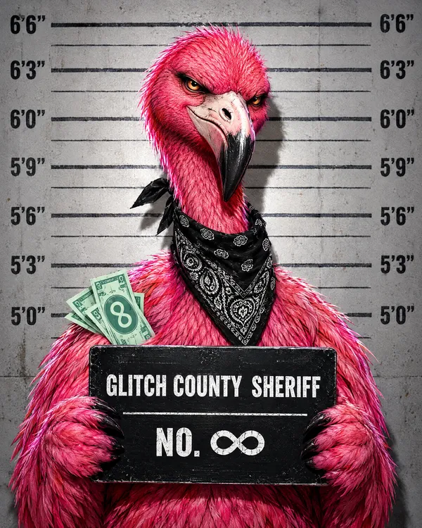 Mugshot of the flamingo holding a placard reading Glitch County Sheriff, number infinity.