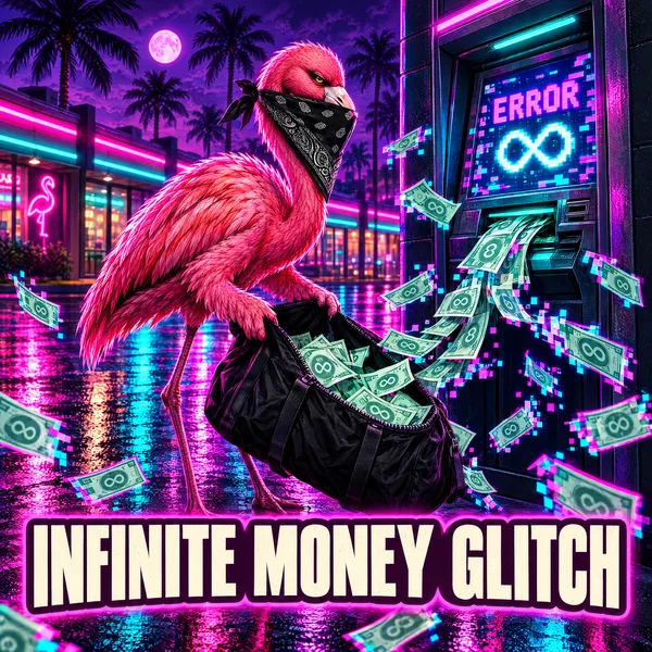 A flamingo in a black bandana holds a duffel bag under an ATM spraying cash, titled Infinite Money Glitch.