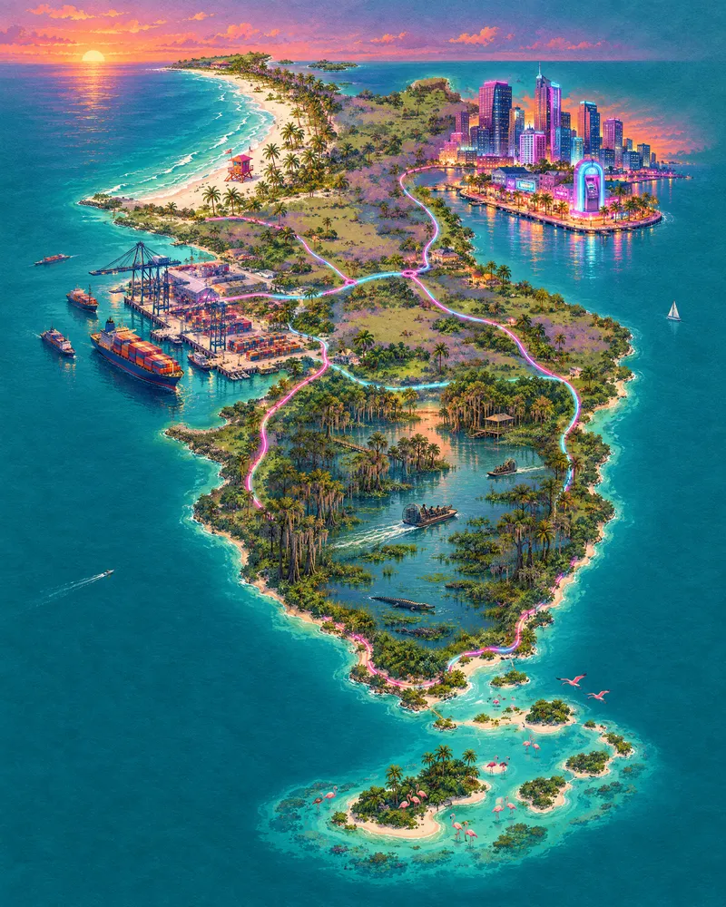 Illustrated map of Glitch County: a neon city with the ATM in the north-east, a beach in the north-west, a port on the west coast, a swamp in the middle and flamingo islands off the southern tip.