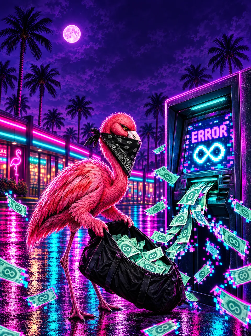 A pink flamingo in a black paisley bandana holds open a duffel bag while a broken ATM sprays cash into it. The ATM screen reads ERROR.