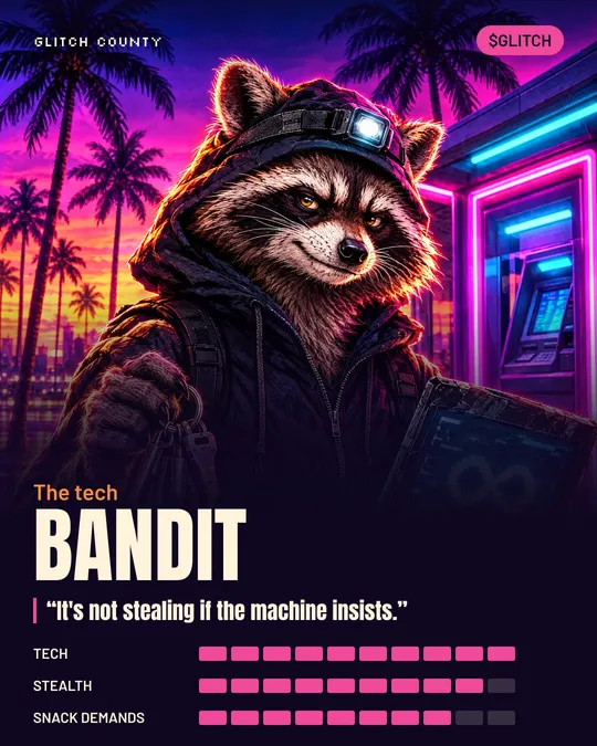 Bandit character card: the tech, Tech 10 of 10, Stealth 9 of 10, Snack demands 8 of 10