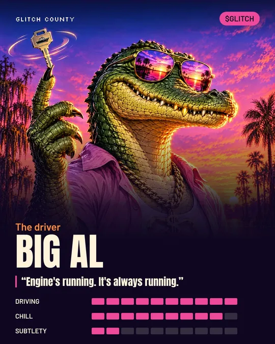 Big Al character card: the driver, Driving 10 of 10, Chill 9 of 10, Subtlety 2 of 10