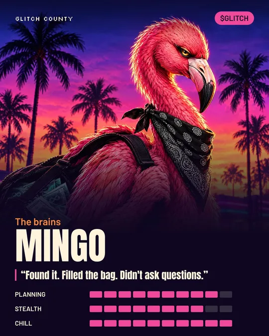 Mingo character card: the brains, Planning 9 of 10, Stealth 8 of 10, Chill 10 of 10